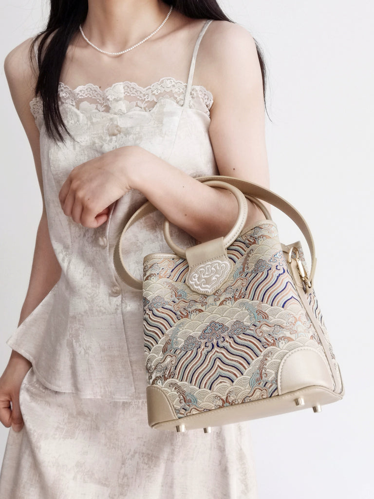 River and Cliffs Song Brocade Bucket Bag for Women