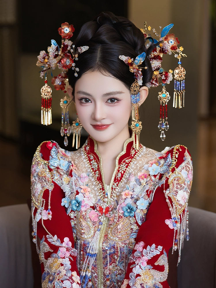 Unique Red and Blue Bridal Hair Accessories Chinese Wedding Headpiece for Hanfu and Xiuhe Dress