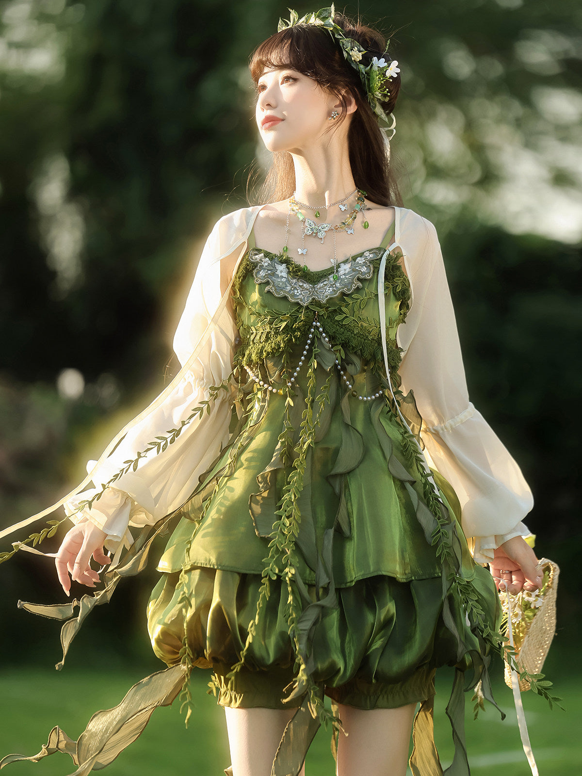 New Chinese Style Forest Green Slip Dress and Cardigan for Summer
