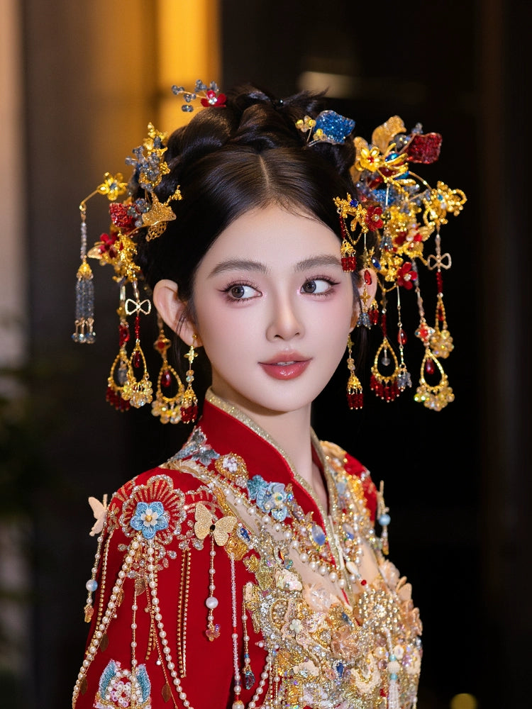 Red and Blue Tassel Bridal Hairpins Classical Floral Headpiece for Chinese Wedding Hanfu Xiuhe Dress