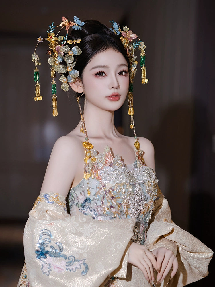 Light Blue Butterfly Bridal Hairpin Crystal Tassel Chinese Wedding Headpiece