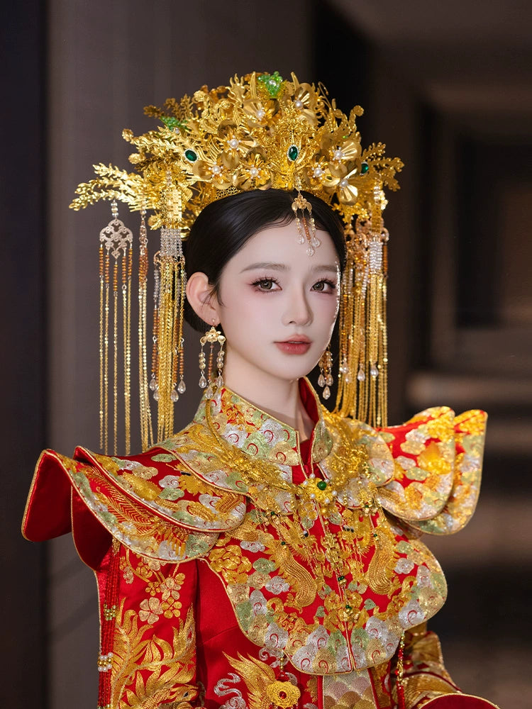 Gold Phoenix Crown Bridal Headpiece Chinese Wedding Hair Accessories with Forehead Pendant