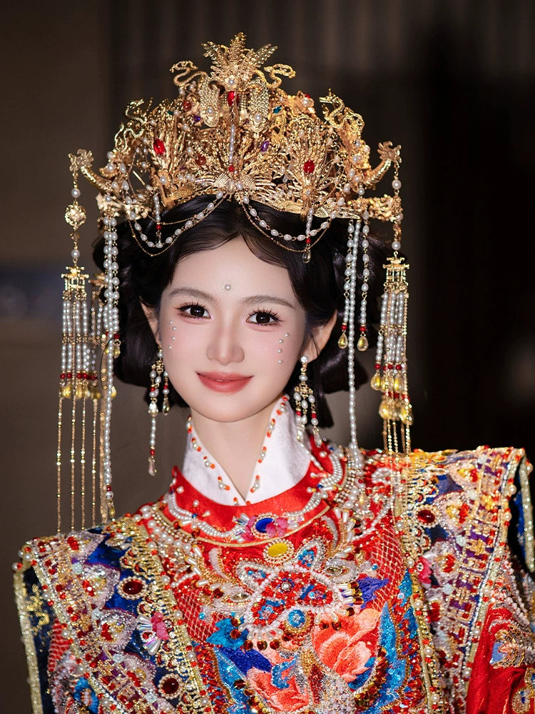 Luxury Gold Phoenix Crown Bridal Headpiece Pearl Tassel Chinese Wedding Hair Accessories for Hanfu and Xiuhe Dress