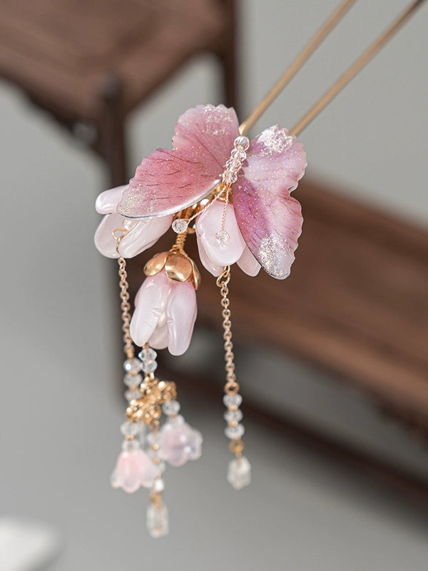 Peach Blossom & Magnolia Butterfly Hairpin Ancient Style Tassel Hair Stick for Hanfu & Cheongsam