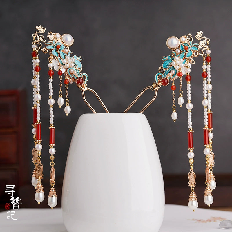 Long Tassels Hanfu Hairpin: Jade Flowers