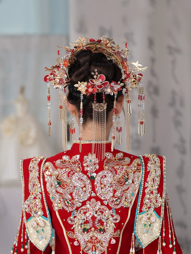 Red and Blue Phoenix Crown Bridal Headpiece Handmade Tassel Chinese Wedding Hair Accessories for Hanfu Bride