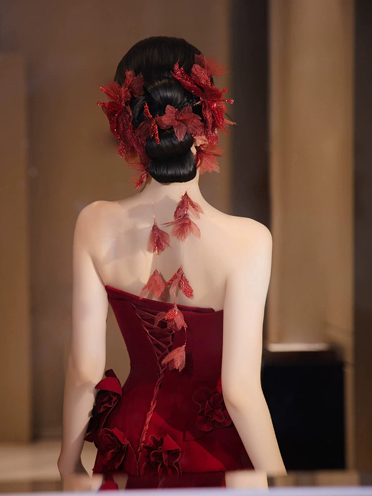 Red Floral Bridal Hair Accessories New Chinese Style Long Hairpins for Wedding and Banquet Cheongsam Dress