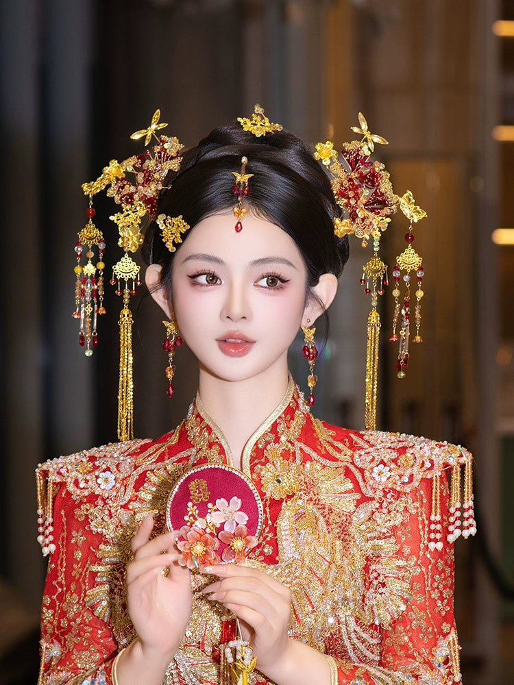 Golden Phoenix Bridal Hairpin with Forehead Pendant Chinese Wedding Headpiece