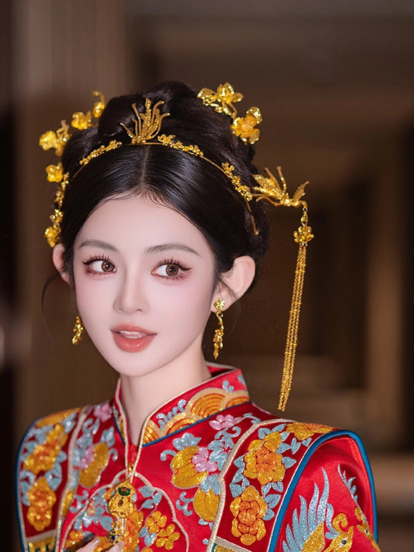 Gold Phoenix Bridal Hairband and Hairpin Minimalist Chinese Wedding Accessories