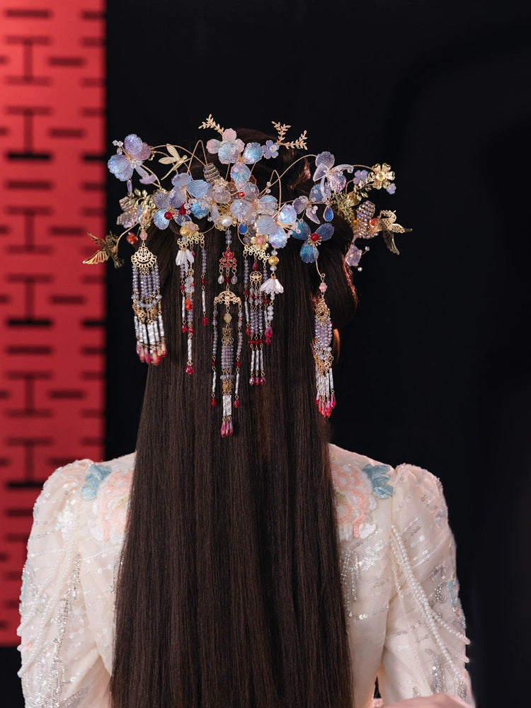 Light Floral Bridal Hairpin Tassel Chinese Wedding Headpiece for Hanfu and Xiuhe Bride