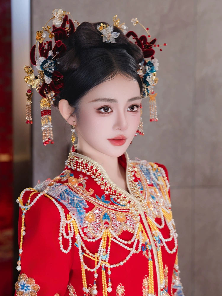 Red Velvet Bridal Hairband with Tassel Hairpin Classical Chinese Wedding Hair Accessories for Hanfu and Xiuhe Bride