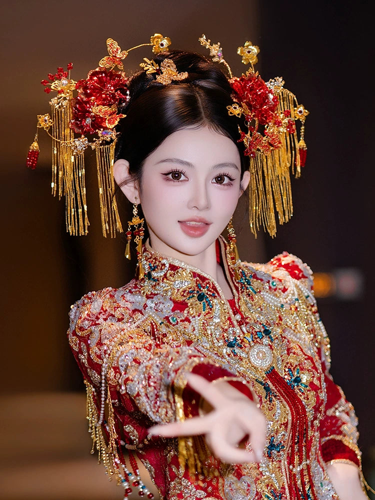 Luxury Gold Tassel Bridal Hairpin Elegant Floral Chinese Wedding Headpiece