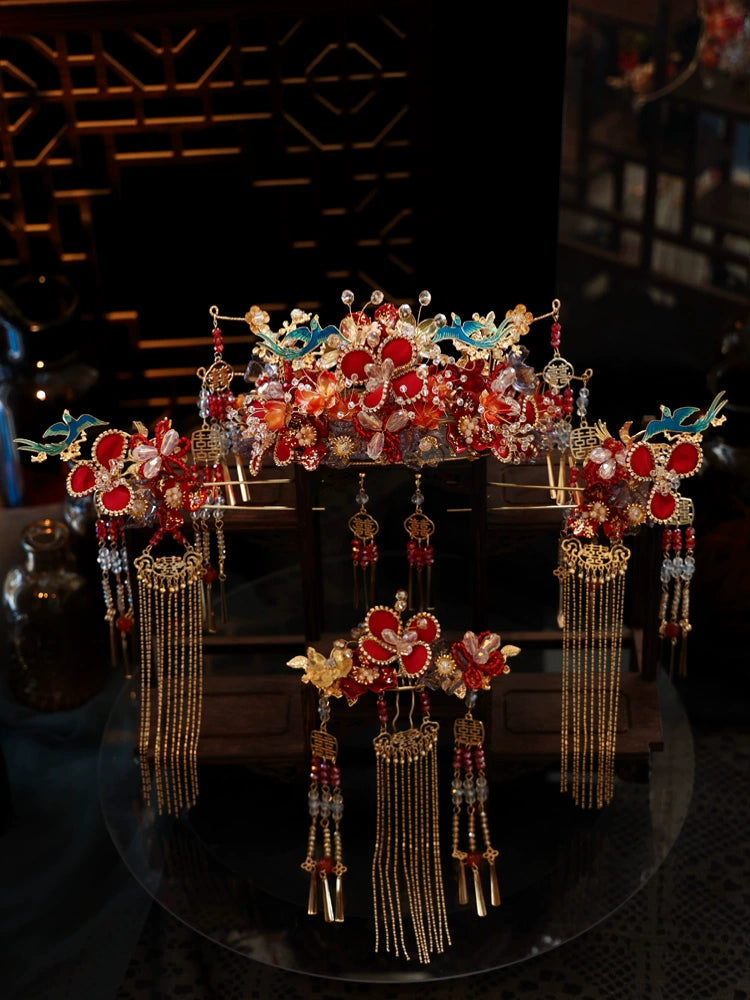 Red and Blue Phoenix Crown Bridal Headpiece Handmade Tassel Chinese Wedding Hair Accessories for Hanfu Bride