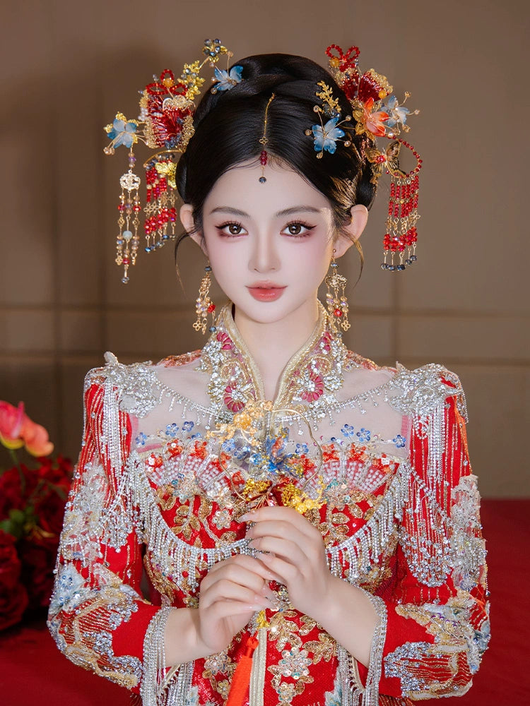 Red Floral Tassel Bridal Hair Accessories Traditional Chinese Wedding Hairpins