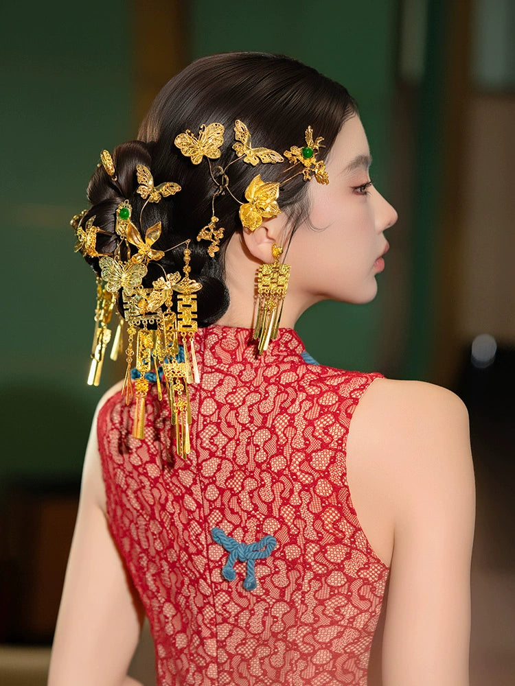 Chinese Wedding Hair Accessory Set Golden Butterfly and Double Happiness Tassel Hairpins for Xiuhe and Qipao Bride