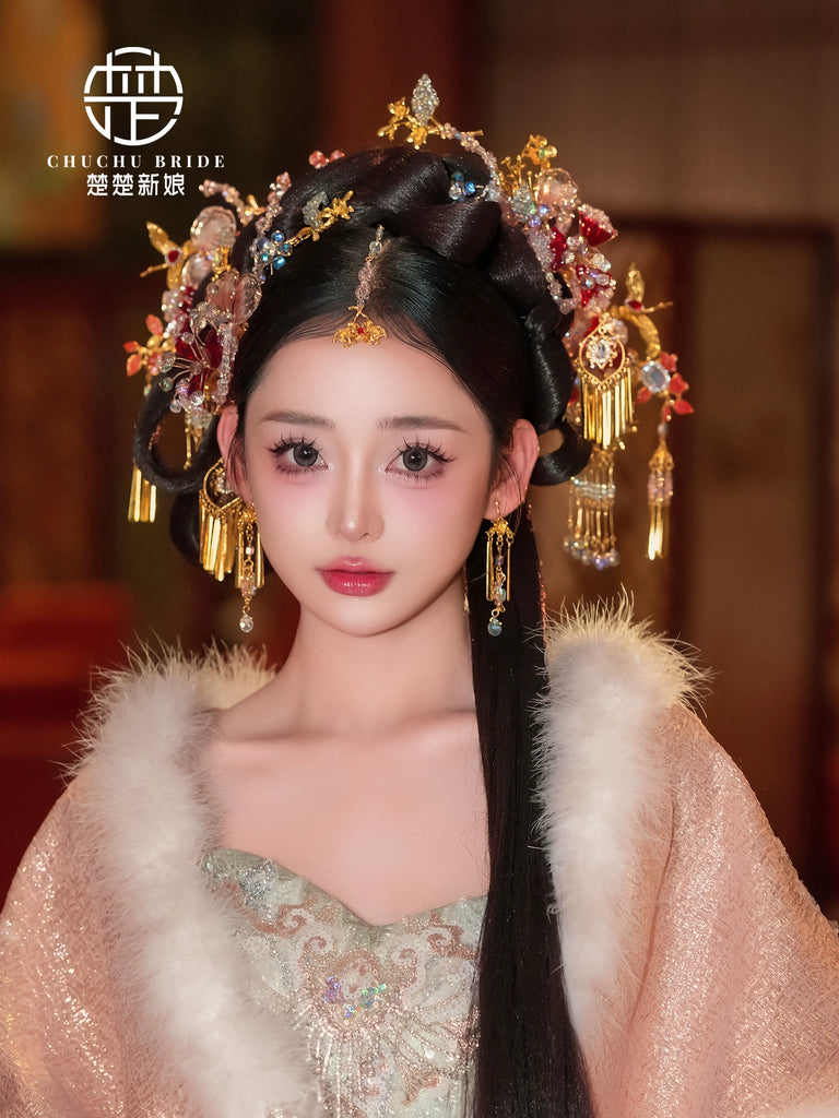 Radiant Princess - Gold Red Hanfu Bridal Crown with Liquid Flower Phoenix Hairpin & Forehead Pendant for Wedding
