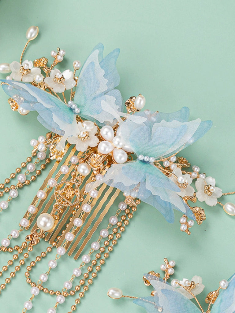 Back Hair Pin: Blue Butterflies with Tassels