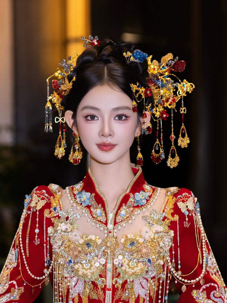 Red and Blue Tassel Bridal Hairpins Classical Floral Headpiece for Chinese Wedding Hanfu Xiuhe Dress