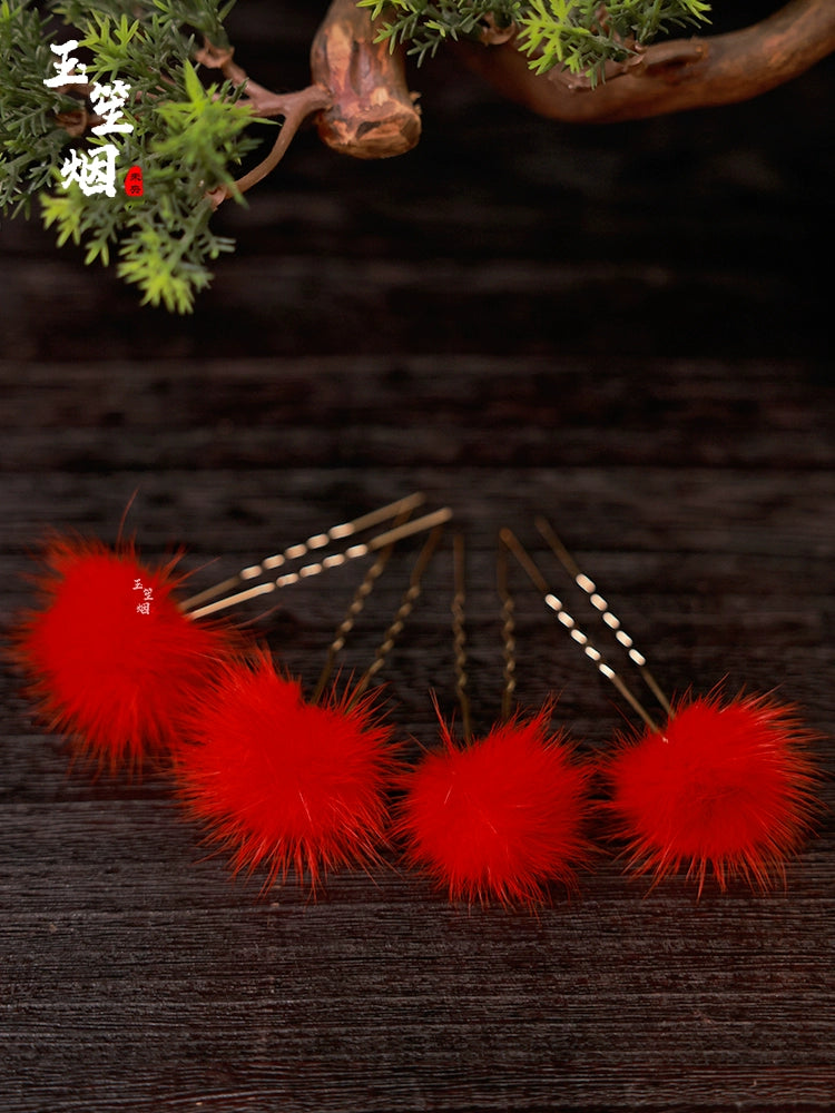 Hanfu Hair Pins: Red Furballs