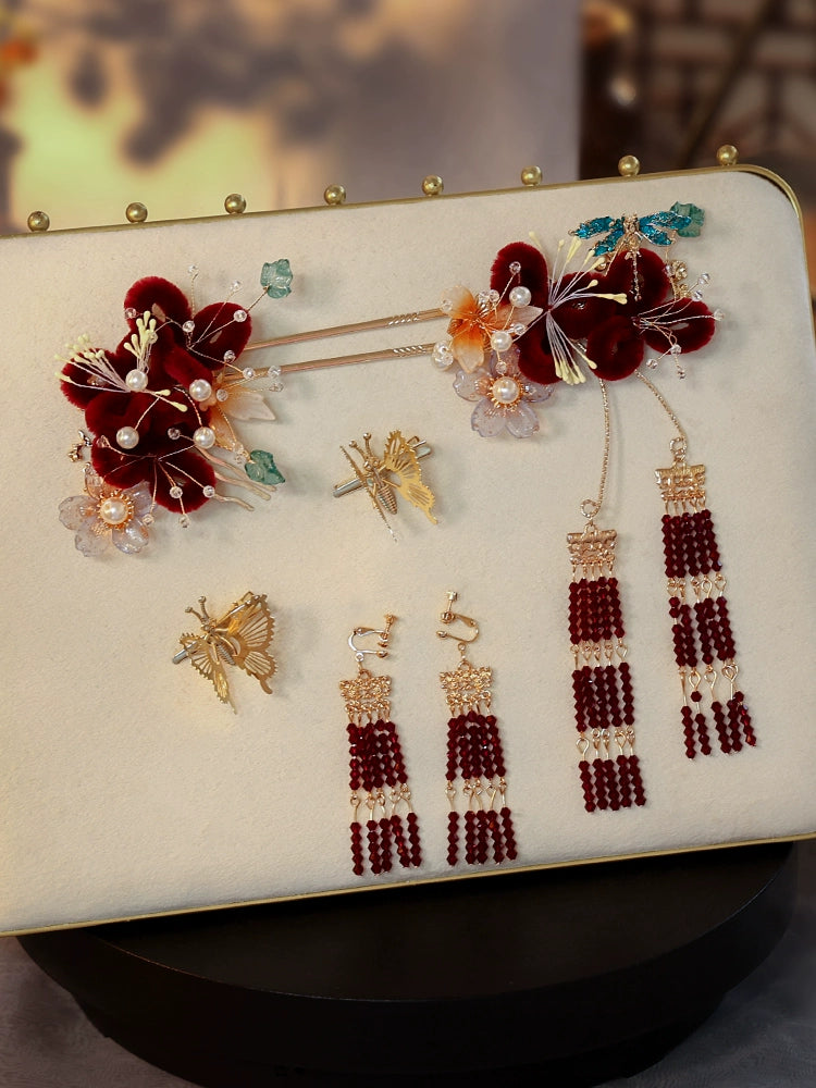 Red Velvet Butterfly Bridal Hairpin Tassel Chinese Wedding Headpiece for Xiuhe Dress