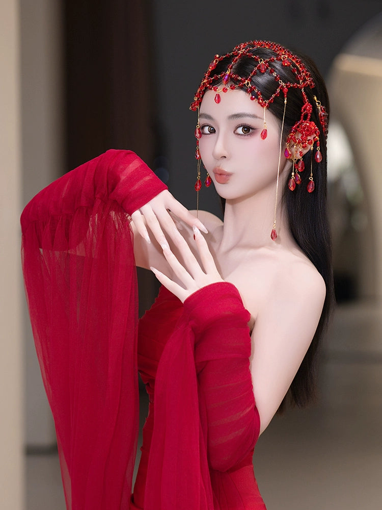 Exotic Dunhuang Bridal Hair Accessories Set Tassel Forehead Pendant Wedding Headpiece