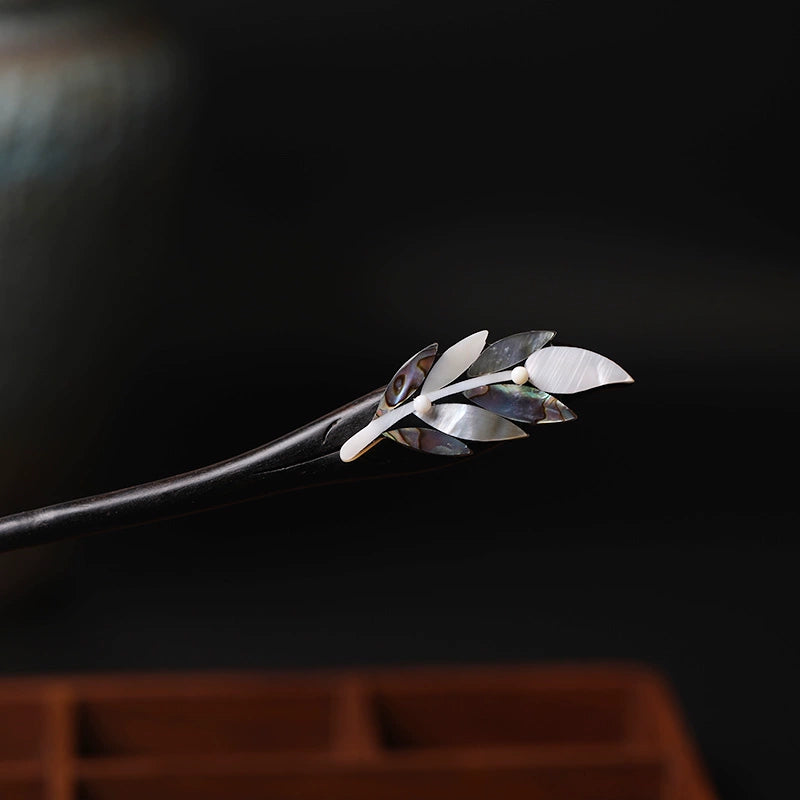 Feathered Clouds Ebony Hair Stick with Natural Shell Leaf Design