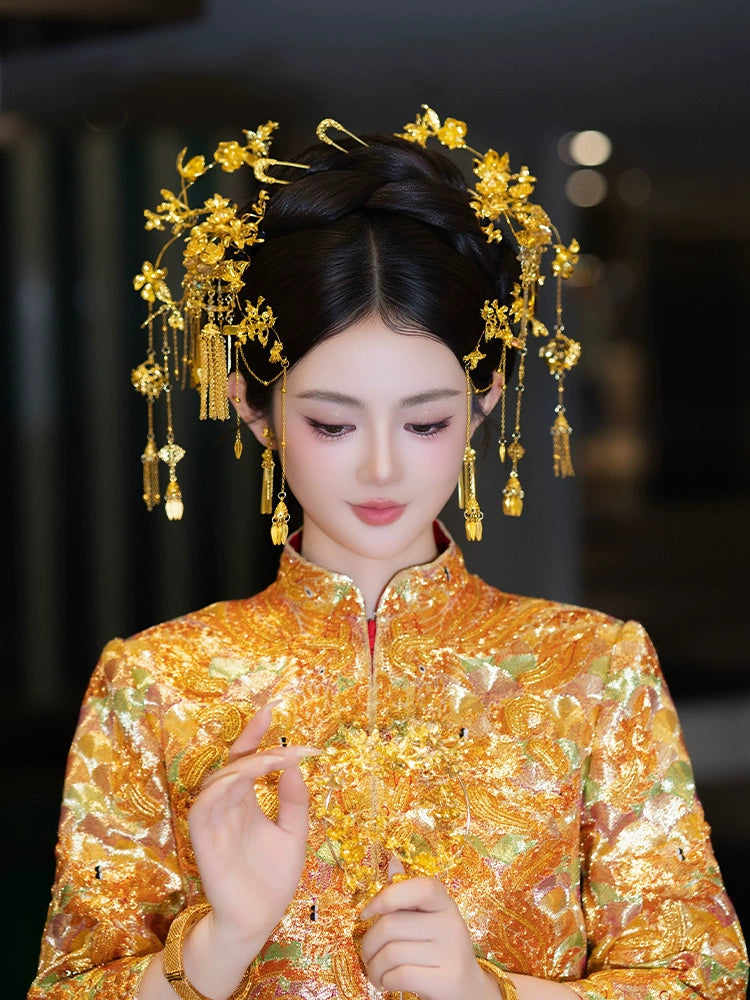 Chinese Bridal Hair Accessories Vintage Gold Tassel Flower Hairpins for Xiuhe and Dragon Phoenix Wedding Dress