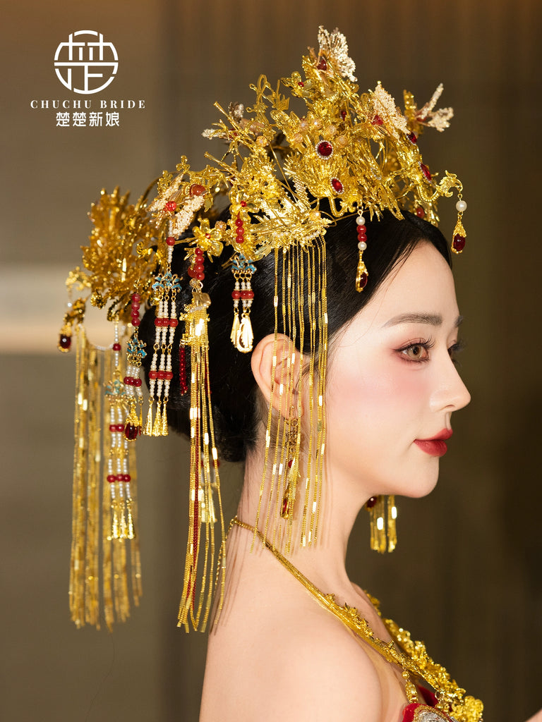 Golden Phoenix Charm - Traditional Chinese Hanfu Crown Luxury Gold Bridal Phoenix Tiara for Wedding Ceremony