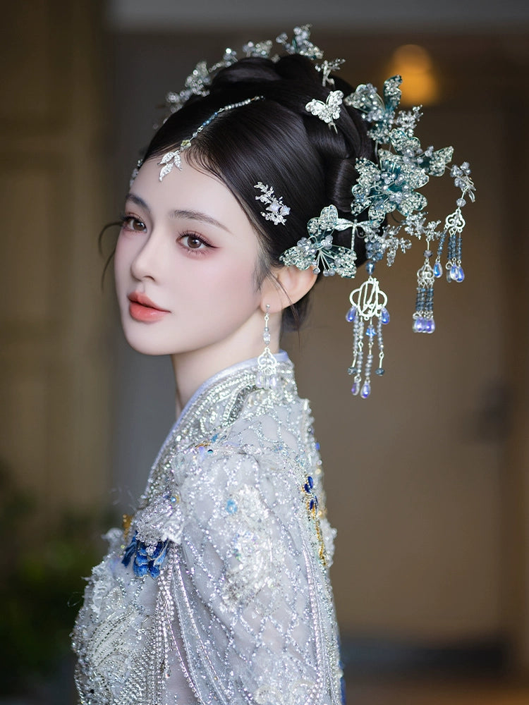 Blue Floral Tassel Bridal Hairpin New Chinese Wedding Hair Accessories for Xiuhe, Hanfu, and Cheongsam Bride