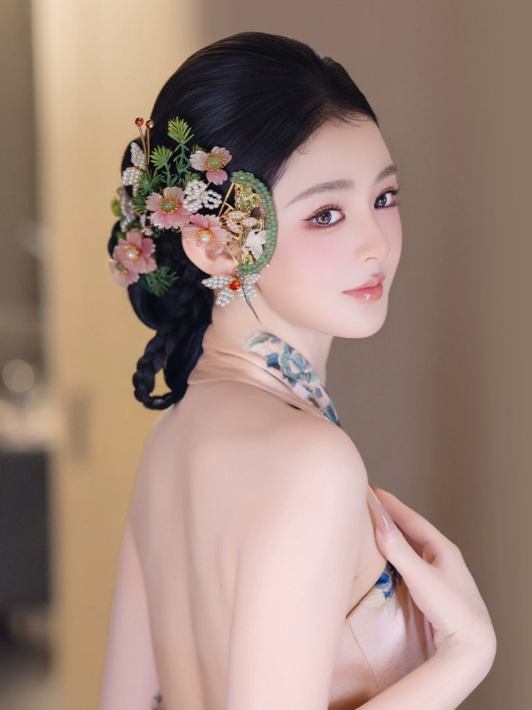 Romantic Pink Floral Bridal Hair Accessories Fairy-Style Chinese Wedding Headpiece for Xiuhe and Cheongsam Bride