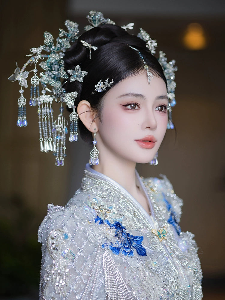 Blue Floral Tassel Bridal Hairpin New Chinese Wedding Hair Accessories for Xiuhe, Hanfu, and Cheongsam Bride