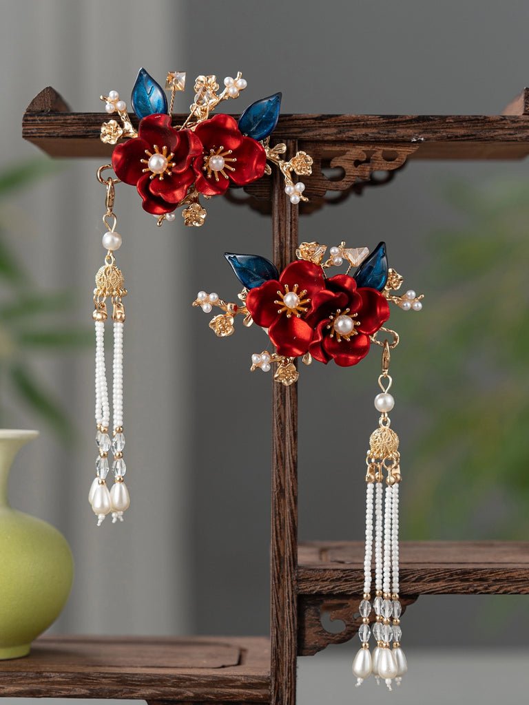 Xiuhe Bridal Hair Accessories - Red Flowers & Blue Leaves Hanfu Wedding Hairpin Set