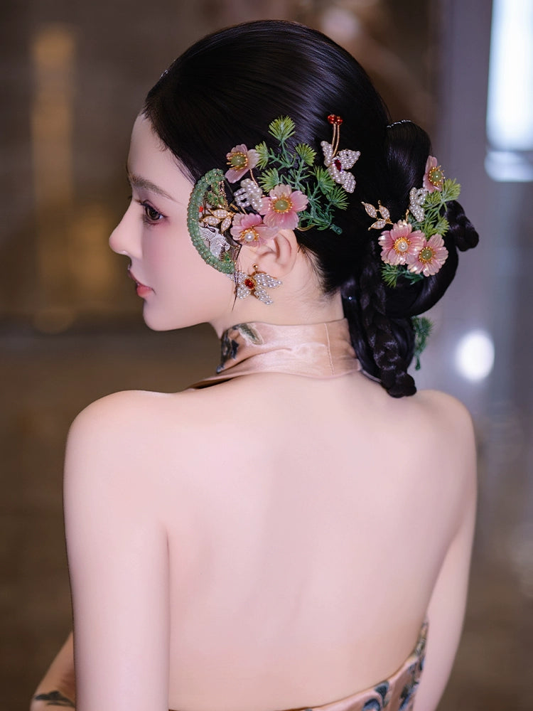 Romantic Pink Floral Bridal Hair Accessories Fairy-Style Chinese Wedding Headpiece for Xiuhe and Cheongsam Bride