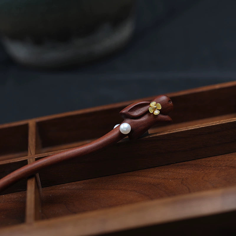 Osmanthus Rabbit Golden Ebony Hair Stick with Pearl Flowers