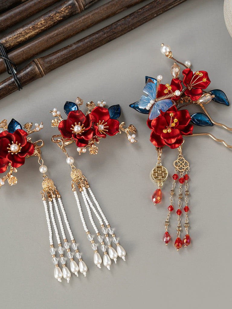 Xiuhe Bridal Hair Accessories - Red Flowers & Blue Leaves Hanfu Wedding Hairpin Set