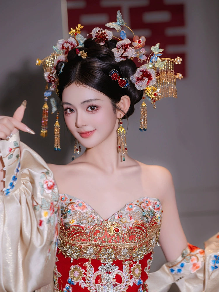 Gradient Floral Bridal Hair Accessories Light Butterfly Headpiece for Chinese Wedding