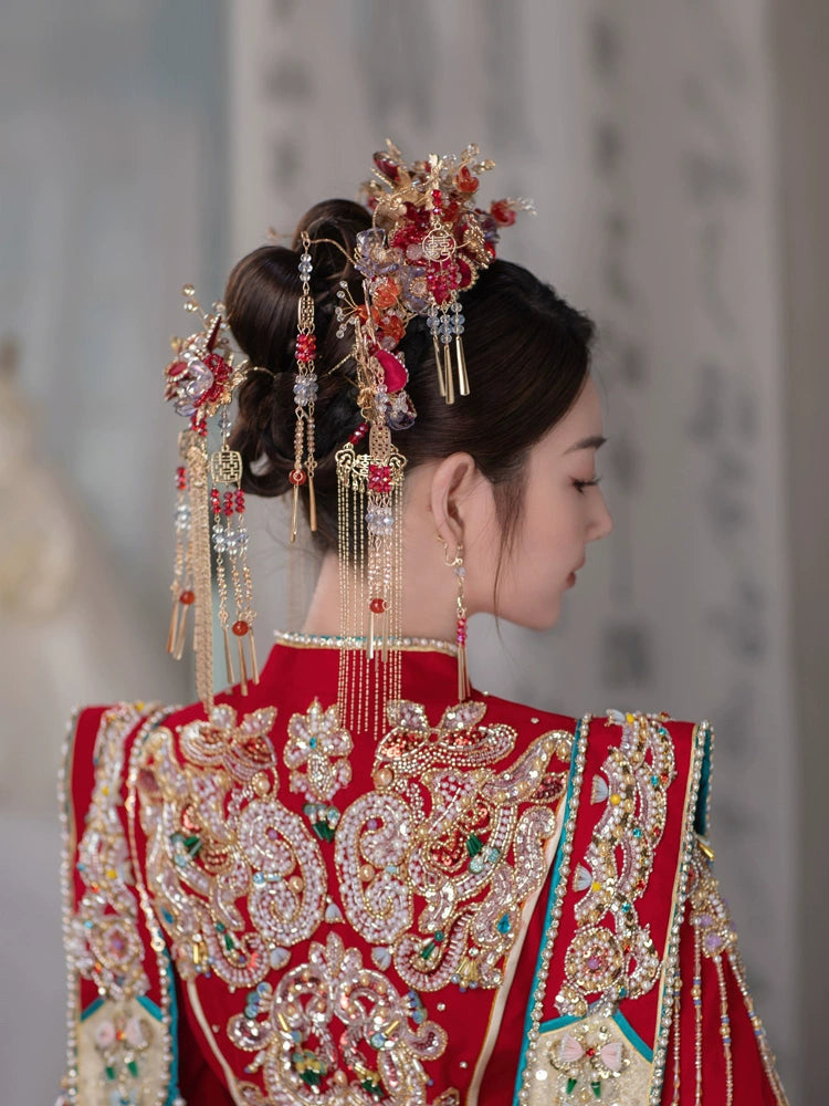 Red and Blue Phoenix Crown Bridal Headpiece Handmade Tassel Chinese Wedding Hair Accessories for Hanfu Bride