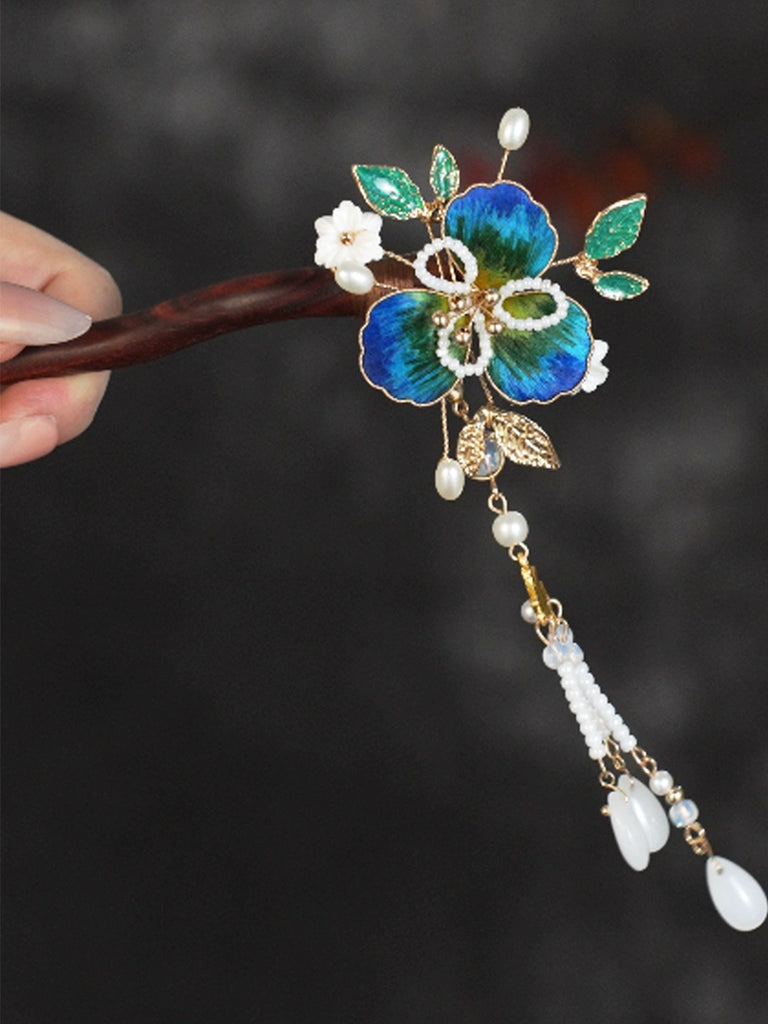 Handmade Silk Velvet Flower Lake Scenery Sandalwood Hair Stick