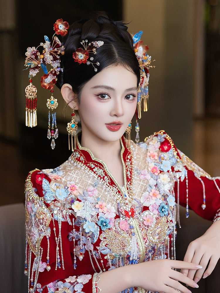 Unique Red and Blue Bridal Hair Accessories Chinese Wedding Headpiece for Hanfu and Xiuhe Dress