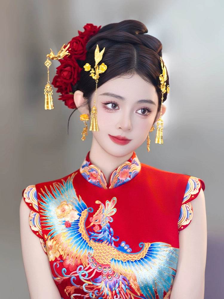 Chinese Bridal Hair Accessories Set Luxury Gold Dragon Phoenix Tassel Hairpins for Xiuhe and Qun Kwa Wedding Dress
