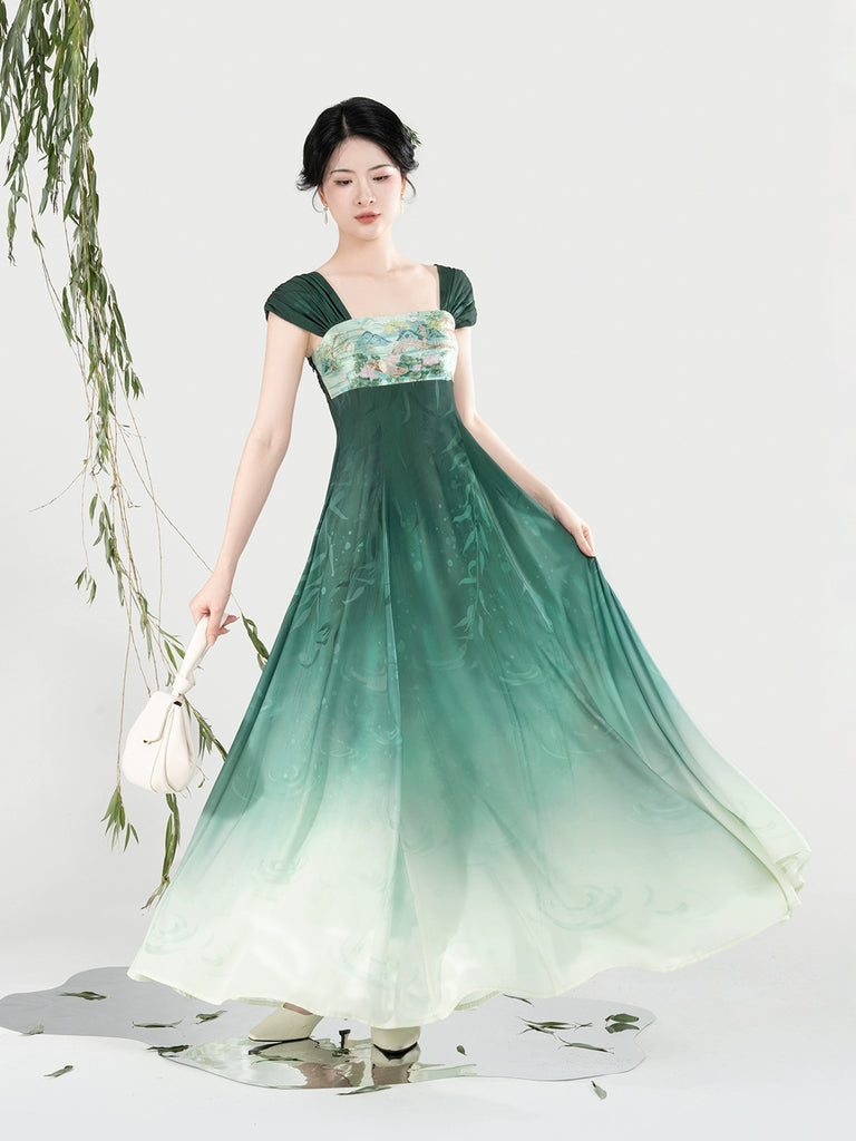 New Chinese Style Women Jiangnan Lake-Inspired Gradient Maxi Dress