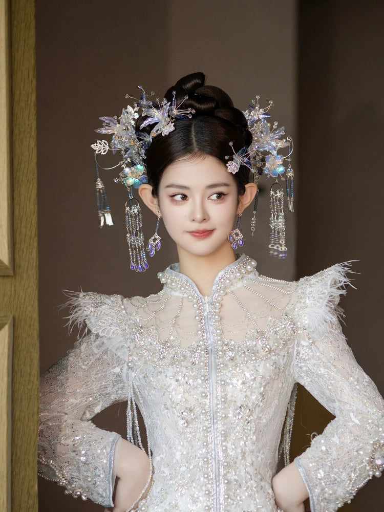 Winter Blue Floral Bridal Hairpin Ancient Style Hair Accessories for Hanfu and Wedding Dress