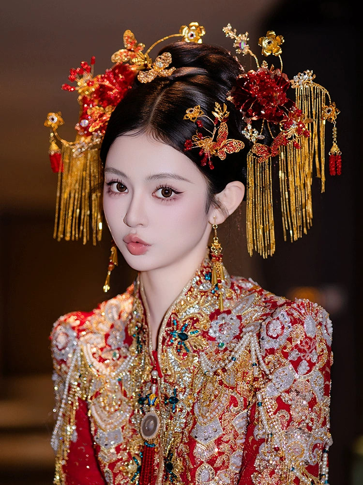 Luxury Gold Tassel Bridal Hairpin Elegant Floral Chinese Wedding Headpiece