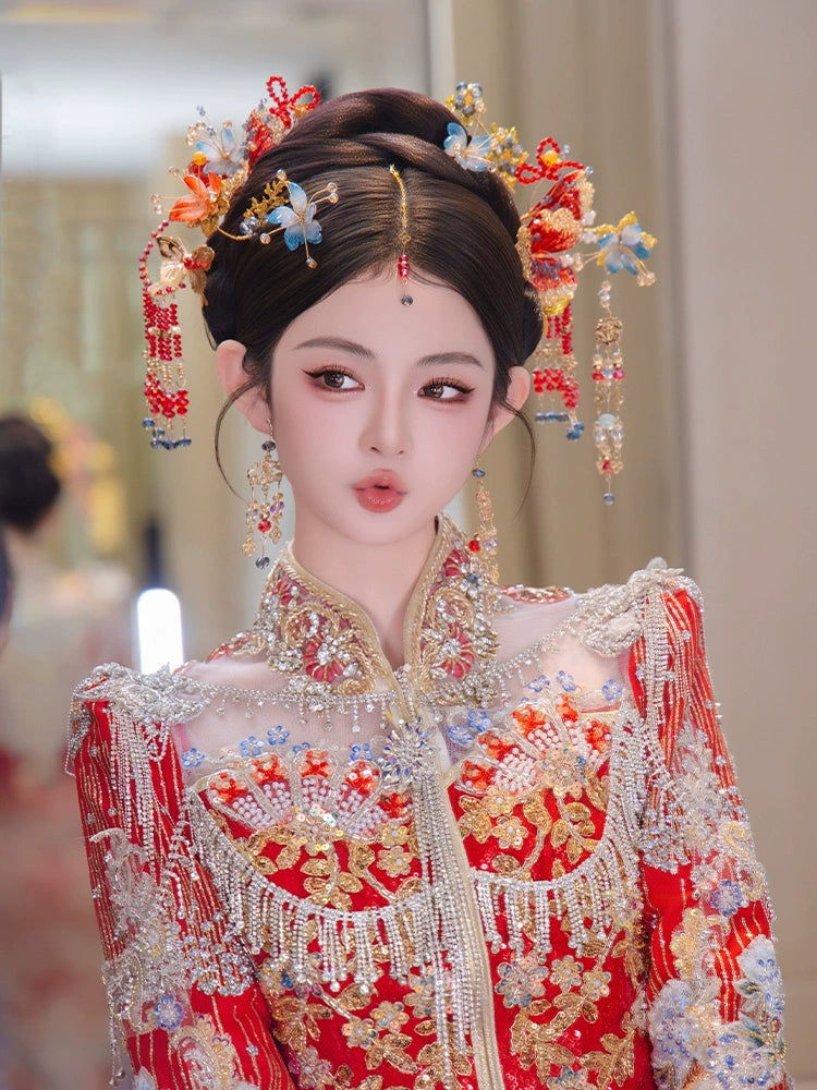 Red Floral Tassel Bridal Hair Accessories Traditional Chinese Wedding Hairpins