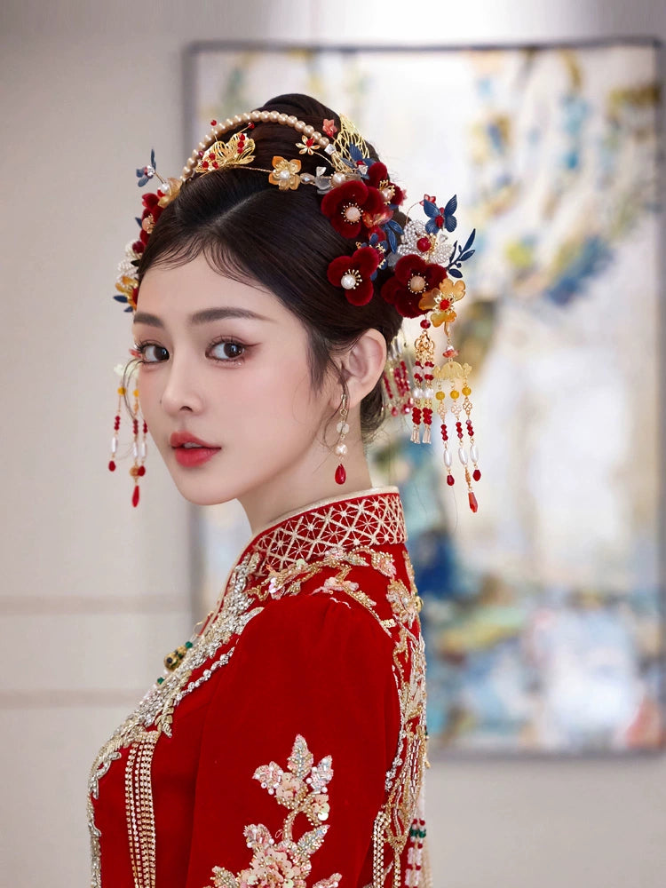 Red Velvet Bridal Hairband with Tassel Hairpin Classical Chinese Wedding Accessories for Xiuhe and Hanfu Updos