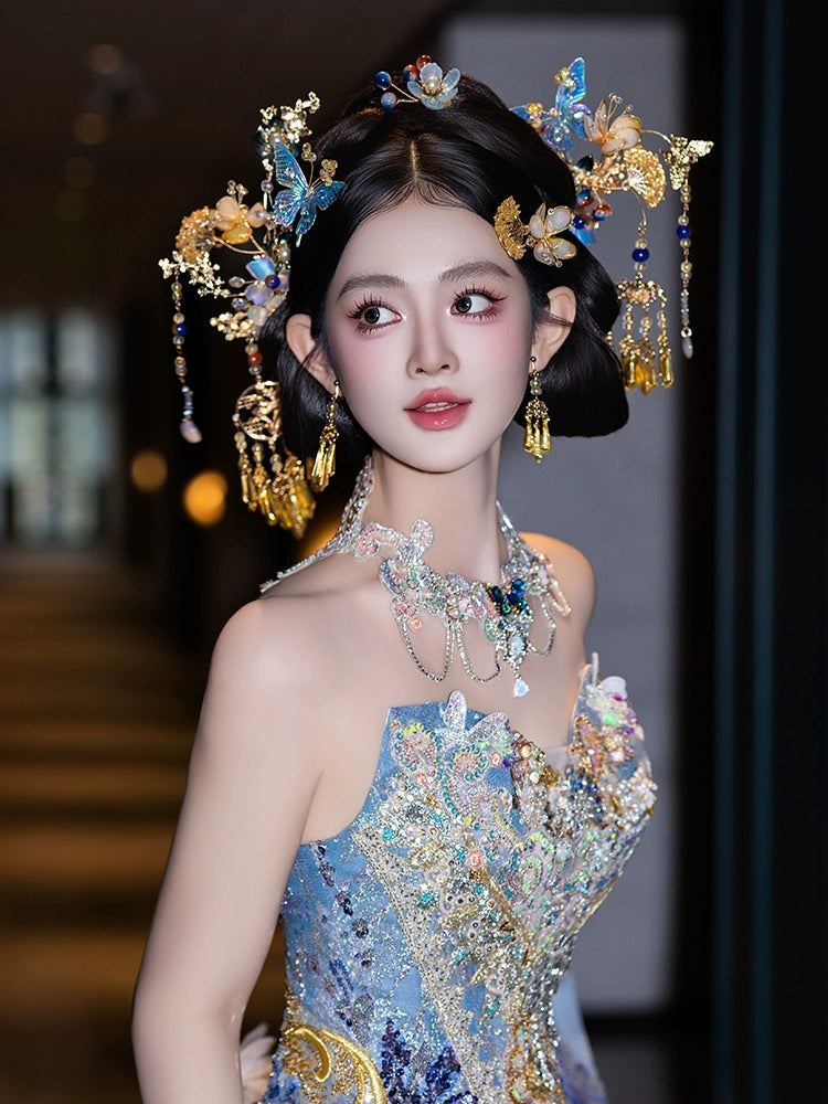 Dreamy Blue Butterfly Bridal Headpiece Chinese Wedding Hair Accessories for Xiuhe and Qun Kwa Bride