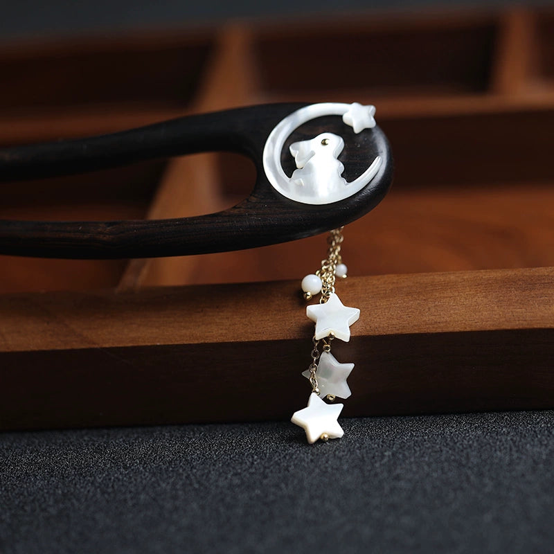 Moon Palace Jade Rabbit Vintage U-Shaped Ebony Hair Stick for Hanfu