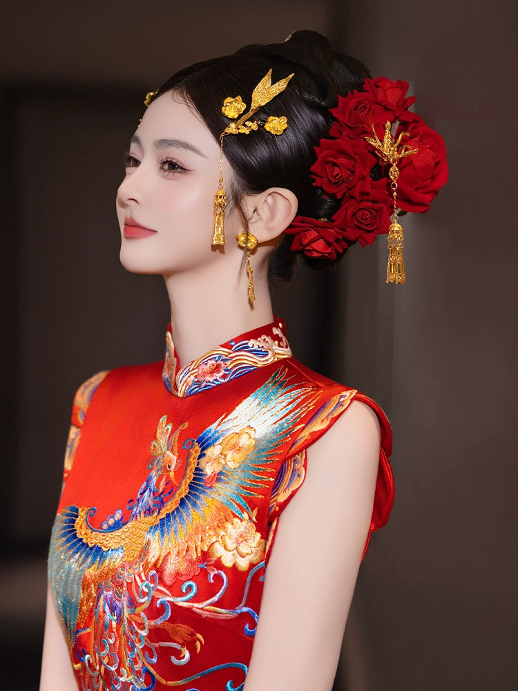 Chinese Bridal Hair Accessories Set Luxury Gold Dragon Phoenix Tassel Hairpins for Xiuhe and Qun Kwa Wedding Dress