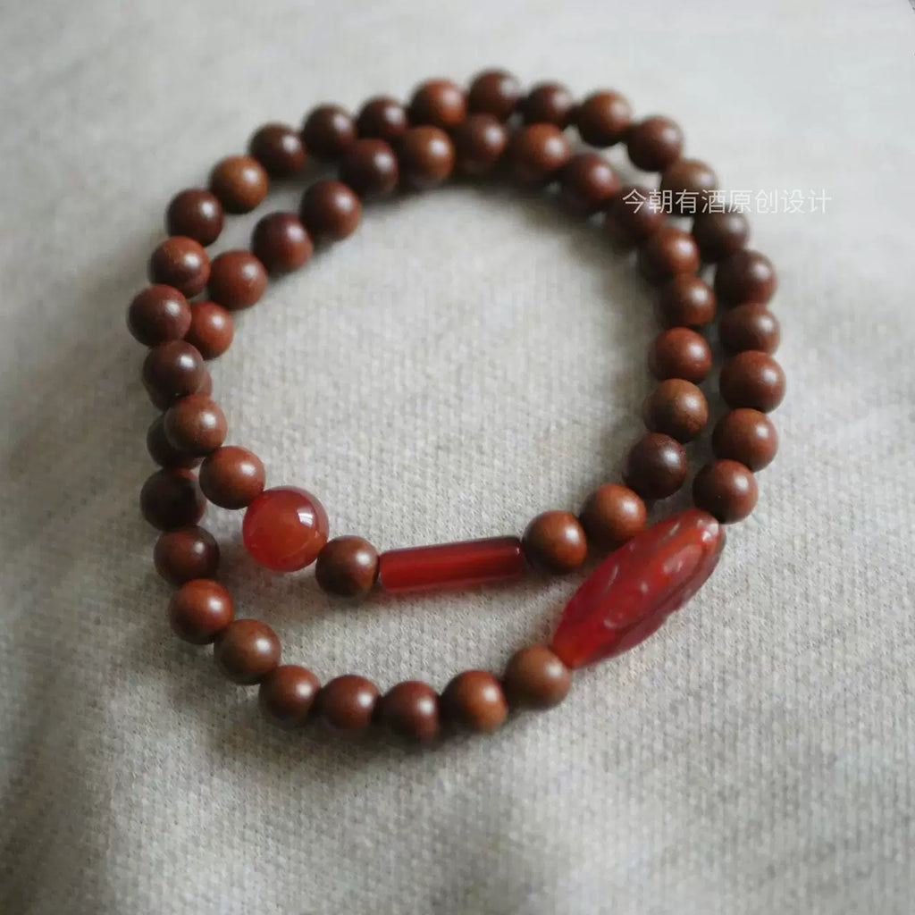 Evening Sunshine Lightning Jujube Wood Bracelet Buddha Beads with Red Agate