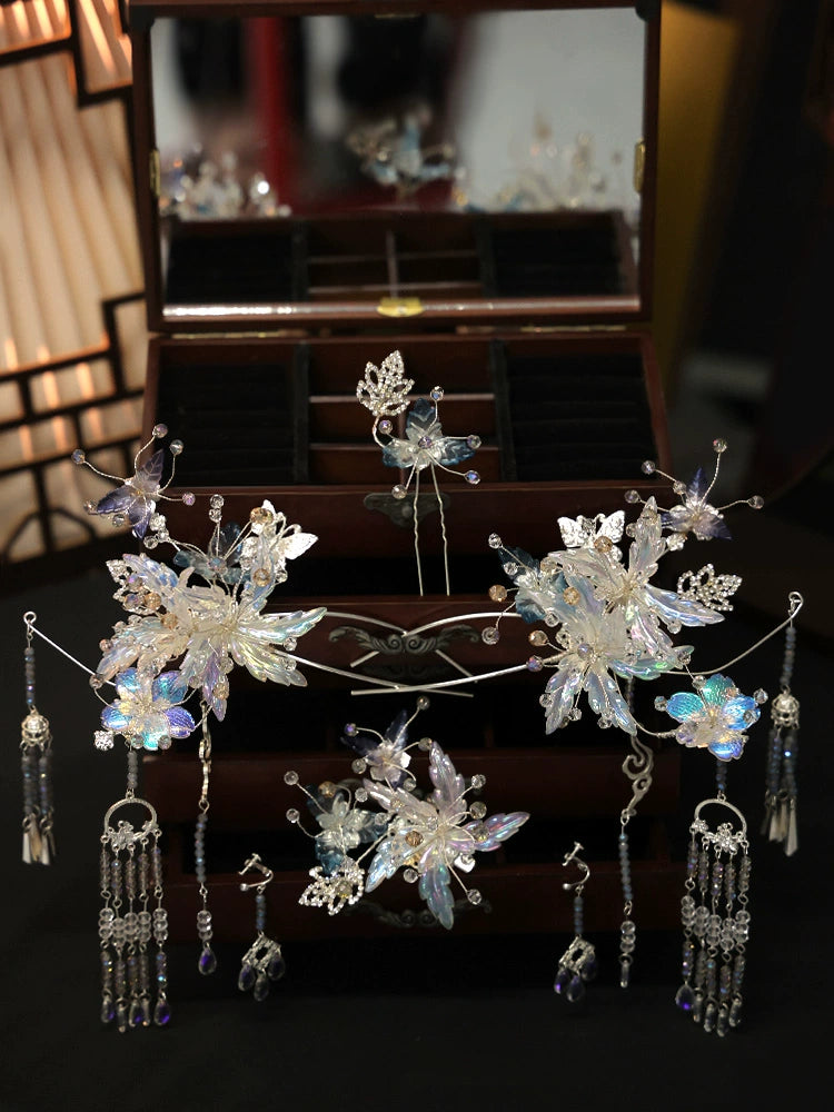 Winter Blue Floral Bridal Hairpin Ancient Style Hair Accessories for Hanfu and Wedding Dress